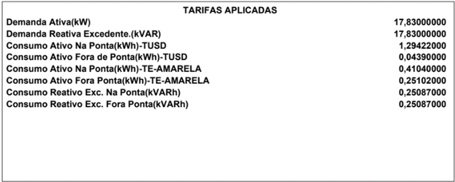  Especificação da bandeira vigente. Fonte: Recorte de conta exemplo de energia.